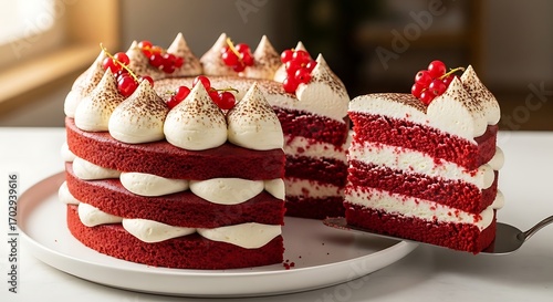 Delicious Red Velvet Cake with Whipped Cream and Berries.