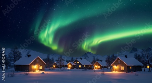 Cozy winter village glows under magical aurora borealis sky with starry night backdrop