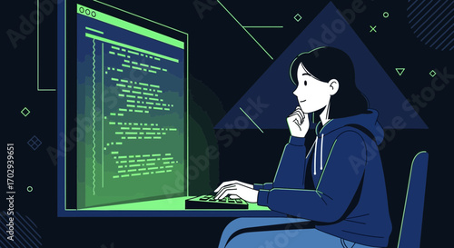 Illustration of a programmer coding at night focused on a computer screen