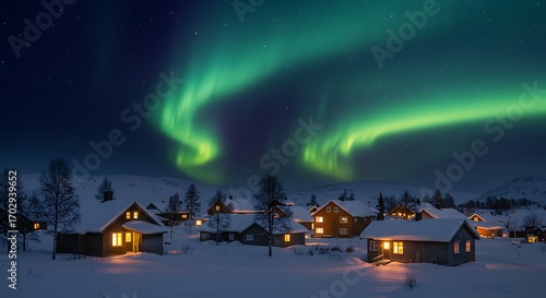 Magical northern lights dance above cozy, snow-covered village homes with warm glowing windows