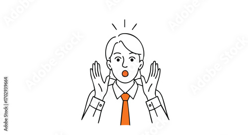 Shocked businessman with hands cupped around ears, expressing surprise and urgency in a professional setting
