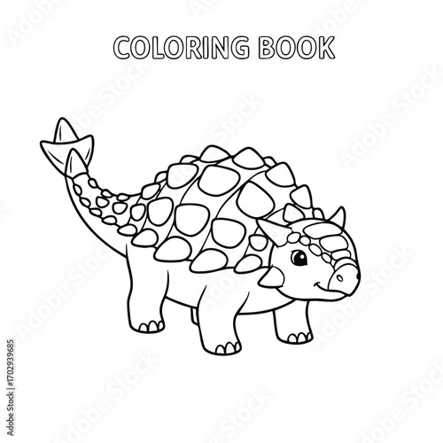 Black and white line drawing of a cute armored dinosaur suitable for a children's coloring book activity page