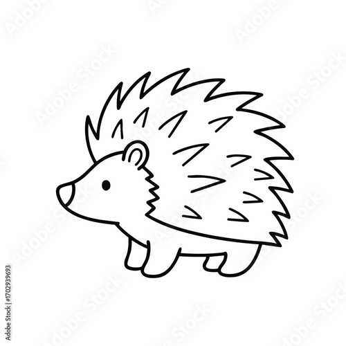 Simple black and white line drawing of a cute hedgehog with spiky quills and small legs walking sideways