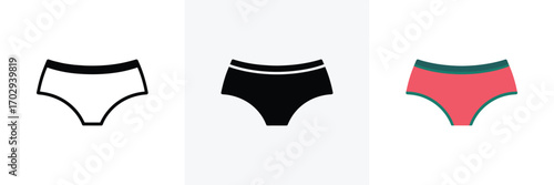 Three Panties Outline, Black Silhouette, and Colored Illustration on White Background