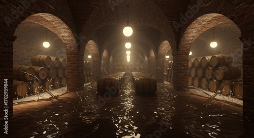Vintage cellar with aging barrels and liquid spills, evoking rich tradition and premium quality for beverages.