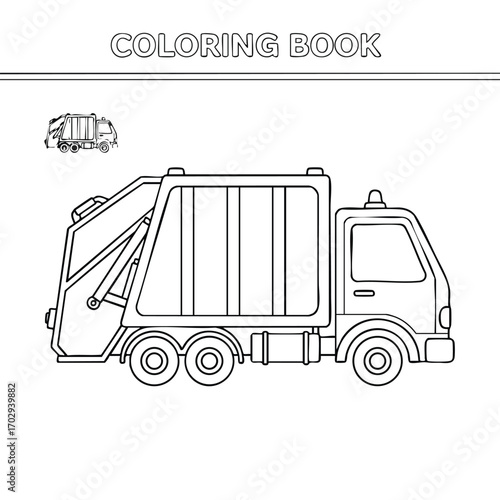 Black and white line drawing of a garbage truck for a coloring book with clear outlines and simple details