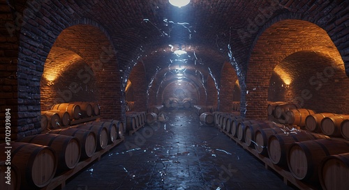 Ancient wine cellar with rows of oak barrels and atmospheric brick arches creating a rustic ambiance
