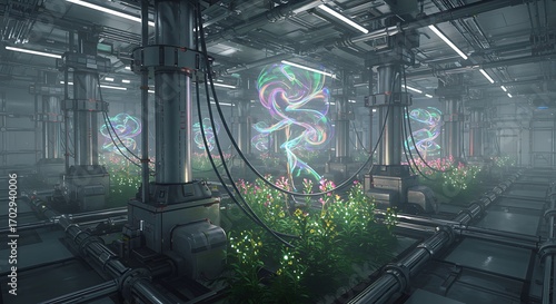 Vibrant futuristic indoor garden with glowing holographic energy streams and lush green plants