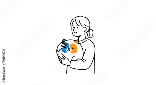 Young woman tenderly holding a cute fluffy cat pillow, conveying warmth and comfort