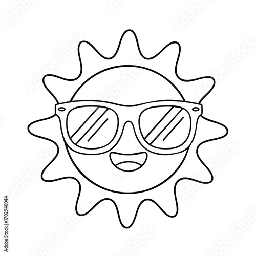 A cheerful sun character with sunglasses smiling brightly and radiating playful energy in a simple black and white line art style