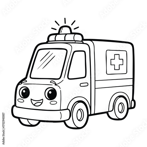 Cute cartoon ambulance vehicle with smiling face and medical cross symbol on the side for kids coloring page
