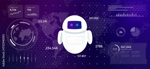 Chatbot high-tech dashboard displaying world map friendly robot assistant icon illustration symbolizes concepts AI agent technology integration and customer support global scale