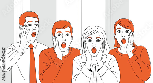 Shocked business team reacts to unexpected news in modern office, expressing surprise and concern together