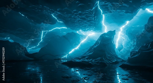Dramatic electric blue lightning illuminates a surreal glacial ice cave with reflective water below