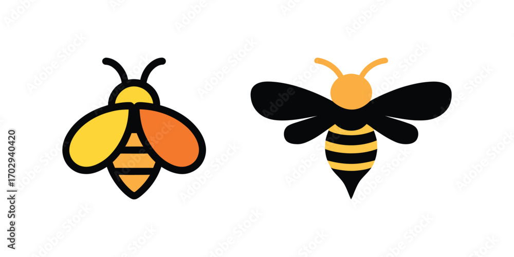 Fototapeta premium Two Cartoon Bees With Black Outlines, Yellow and Orange on a White Background