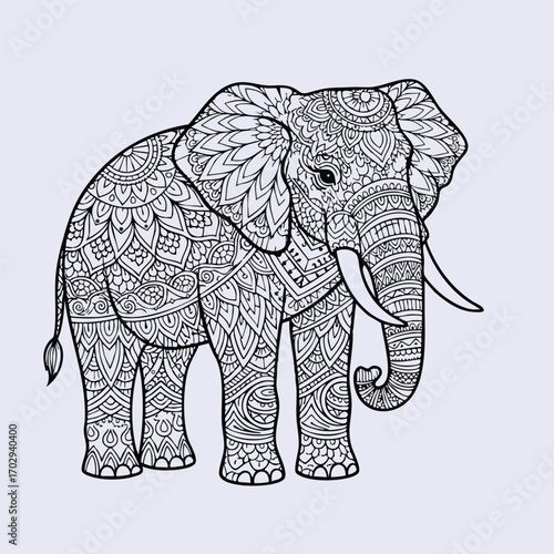 Intricately detailed black and white elephant illustration with ornate mandala and floral patterns covering the entire body