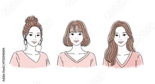 Charming women showcasing diverse hairstyles, perfect for beauty and lifestyle content.