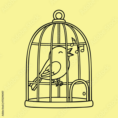Illustration of a singing bird inside a round cage with musical notes on a plain yellow background