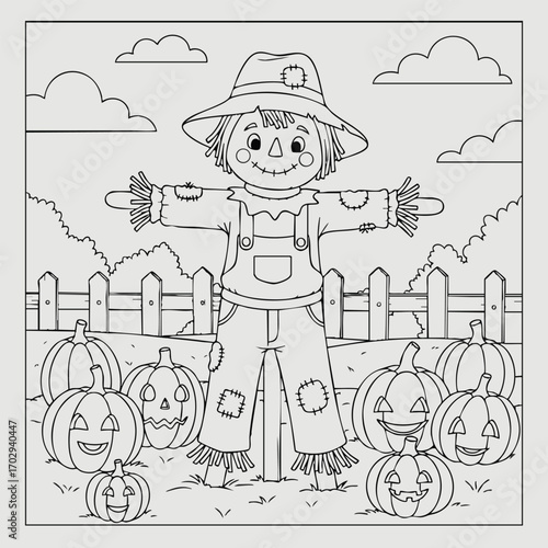 A cheerful scarecrow surrounded by carved pumpkins in a fenced garden with clouds and bushes in the background