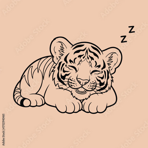 Illustration of a cute sleeping tiger cub with closed eyes and peaceful expression on a beige background