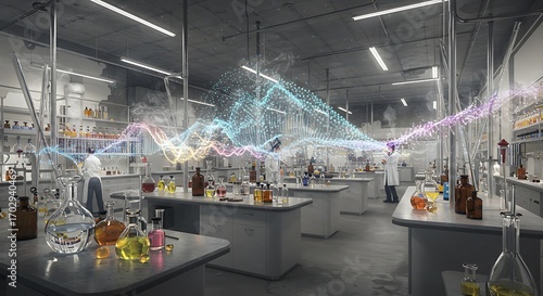 Scientists in modern lab explore dynamic data visualization of scientific research discovery
