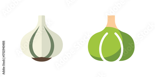 Two Flat Design Garlic Bulbs One White and One Green with Stalk on White