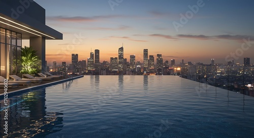 Stunning infinity pool overlooks vibrant city skyline at dusk, offering luxurious relaxation and urban escape.