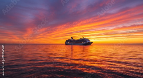 Majestic Sunset Over Ocean with Lush Colors and Cruise Ship Silhouette on the Horizon