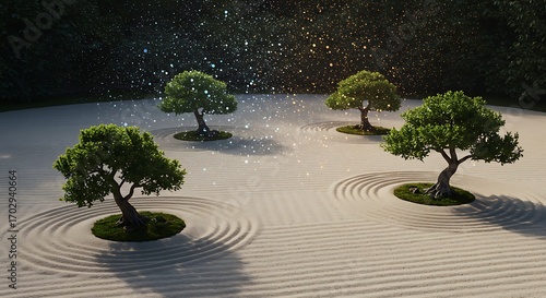Serene zen garden with tranquil trees and magical shimmering particles creating a peaceful atmosphere