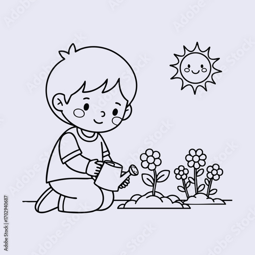 A young child happily watering blooming flowers under a smiling sun in a simple black and white line art style