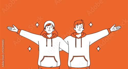 Joyful friends embracing, arms wide open, celebrating togetherness with bright, inviting energy