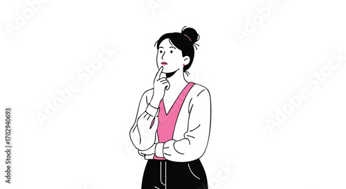 Thoughtful young woman contemplating a difficult decision with finger on chin