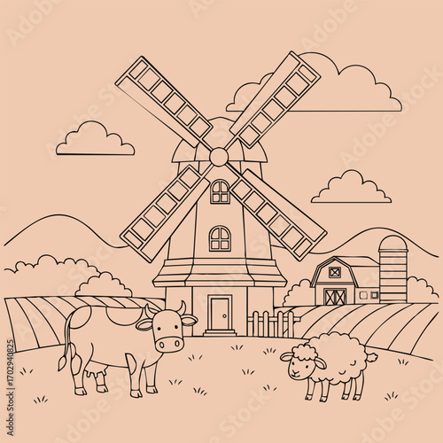 Line art illustration of a rural farm scene with a windmill, cow, sheep, barn, silo, fields, hills, and clouds in the background
