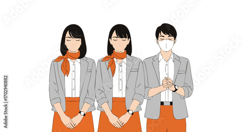 Professional team bowing respectfully, one member wears mask, conveying care and service excellence