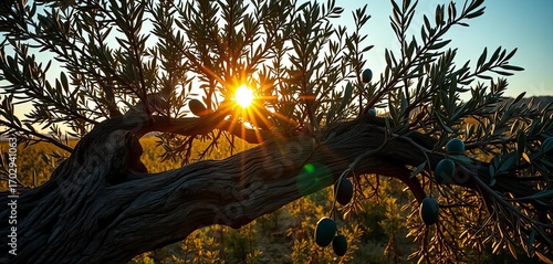 Fototapeta Naklejka Na Ścianę i Meble -  Golden sunset illuminates ancient olive branch, gnarled wood, silvery leaves,  Mediterranean,  photography