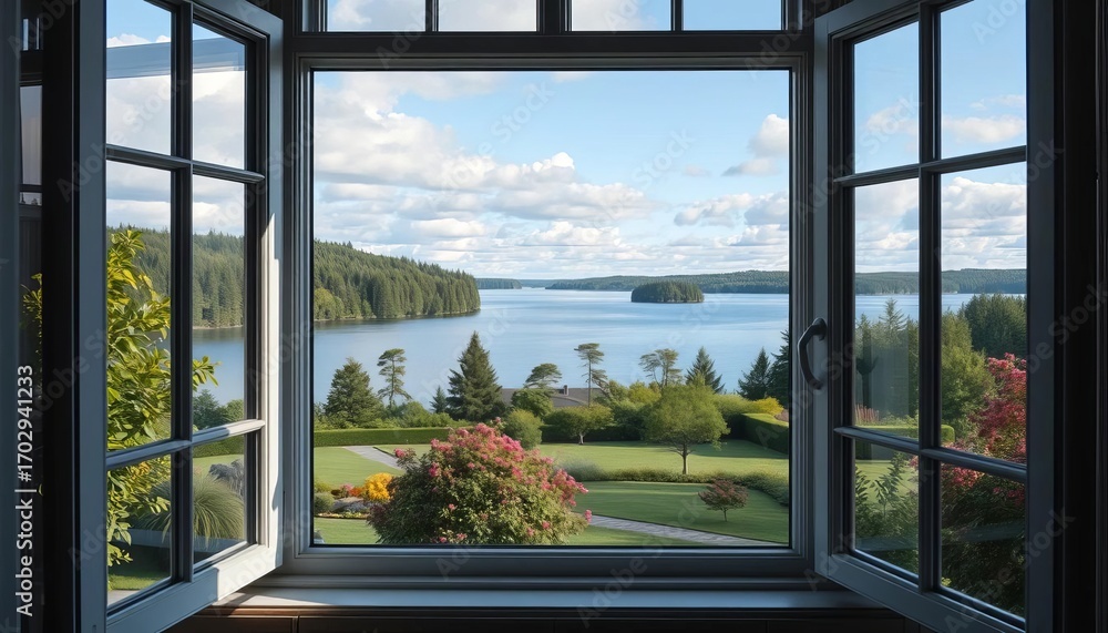 Fototapeta premium A Finnish lakeside garden viewed from a window, classic landscape featuring tranquil water and lush greenery, beautiful, plants