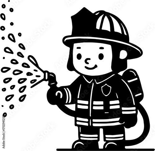 vector illustration Cute Firefighter Cartoon with Water Hose, isolated on white