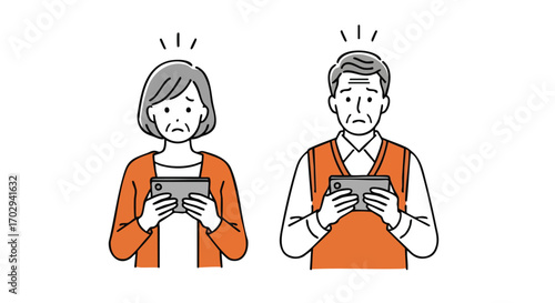 Worried senior couple struggles with confusing technology on their phones, feeling isolated.