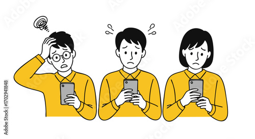 Frustrated people holding smartphones look worried about bad news, stressed and confused faces