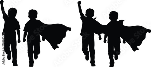 Superhero kids walking in silhouette, childhood imagination, cape motion, playful adventure, teamwork, empowerment, fantasy, friendship, outdoor fun, dreamers united