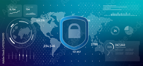 Futuristic digital dashboard displaying a world map with a central security shield icon illustration visualizing global cybersecurity data protection and network safety concept
