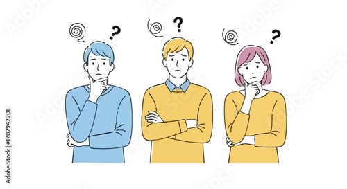 Confused diverse people pondering difficult questions with thought bubbles and question marks above heads