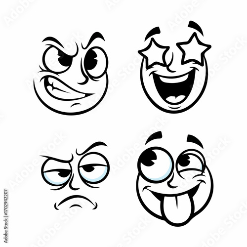 Four expressive cartoon faces display a range of emotions, from mischievous smirks to joyful exuberance, against a clean white background.