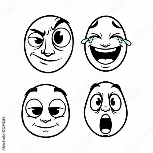 Four cartoon egg faces express smirk, joyful tears, calm contentment, and wide-eyed shock, showcasing a range of human emotions.