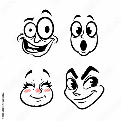 Four expressive cartoon faces showcase joy, surprise, shyness, and mischief against a clean white background.