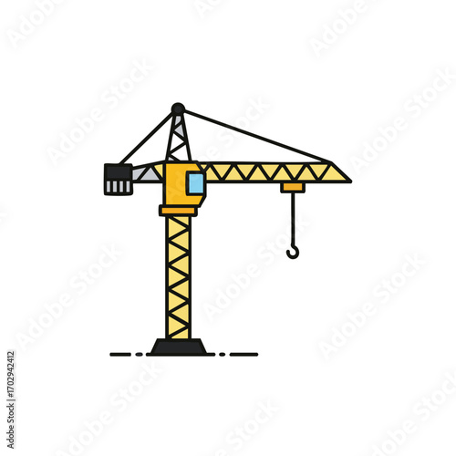 A vibrant yellow tower crane with a black outline stands ready for heavy lifting and construction work, symbolizing progress and urban development.