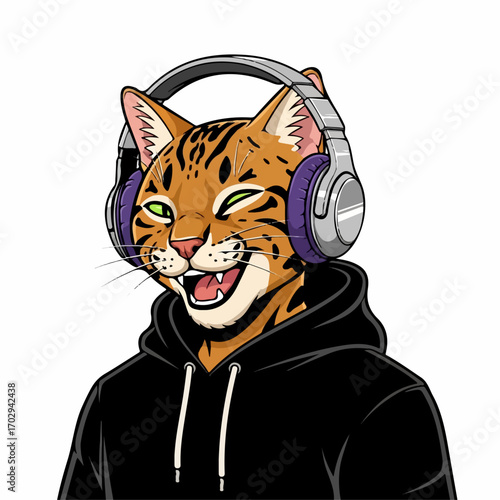 A joyful Bengal cat, wearing headphones and a black hoodie, enjoys the music with a wide, playful grin.