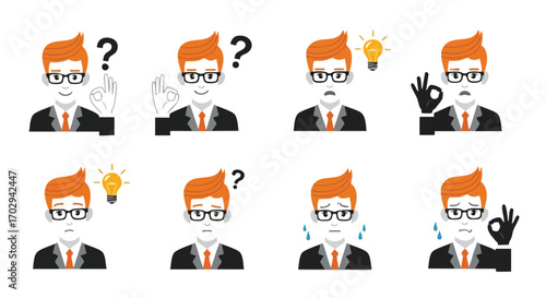 Professional businessman icons showing diverse emotions and ideas like questions and inspiration