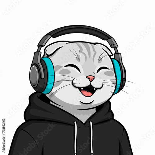 A joyful Scottish Fold cat wearing black hoodie and turquoise headphones, happily listening to music against a white background.