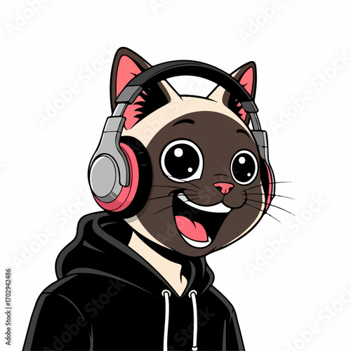 A joyful Siamese cat wearing headphones and a black hoodie, enjoys listening to music, radiating happiness.